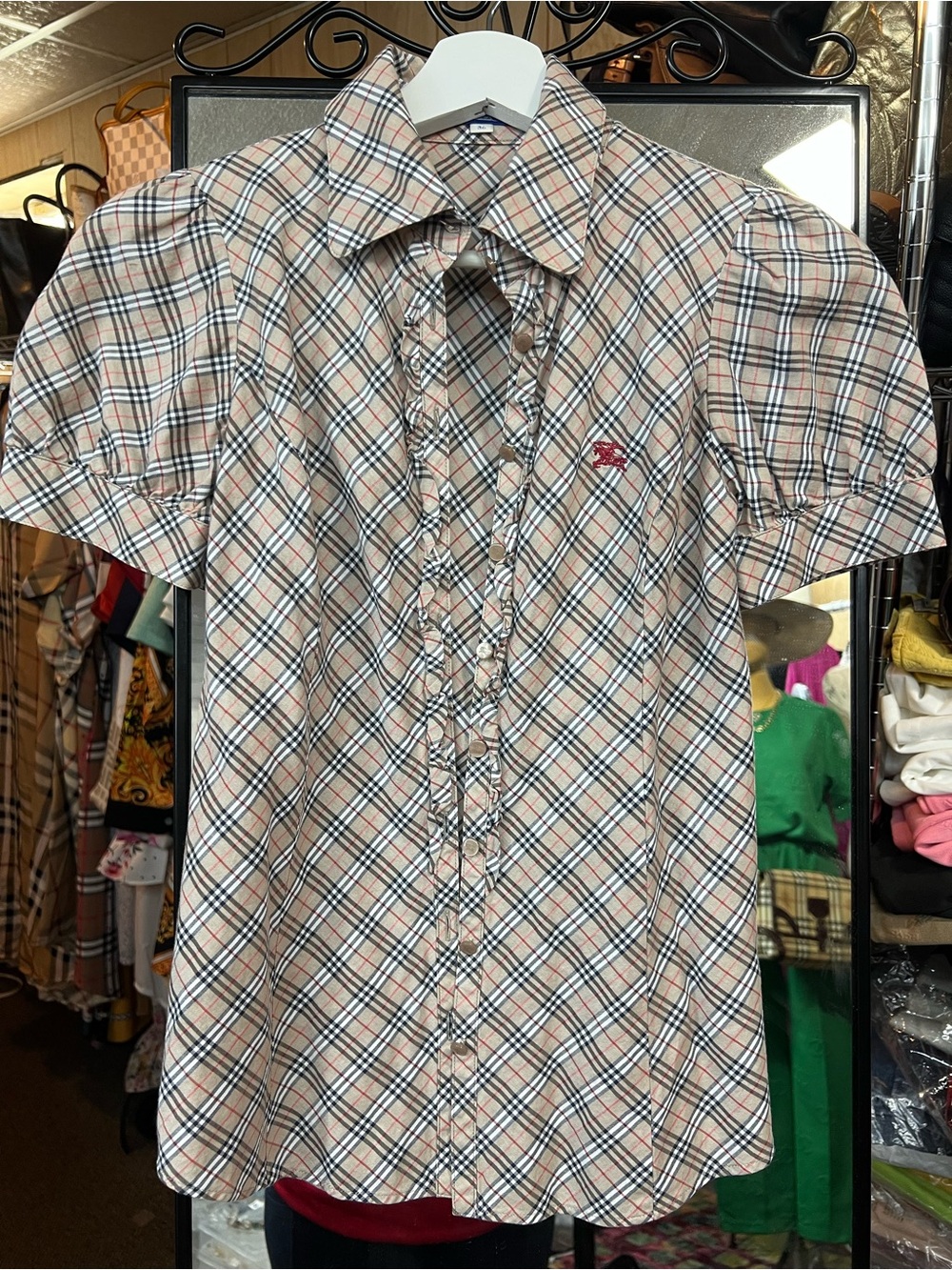 Burberry Beige Plaid Short-Sleeve Button-Down Shirt with Ruffle Front